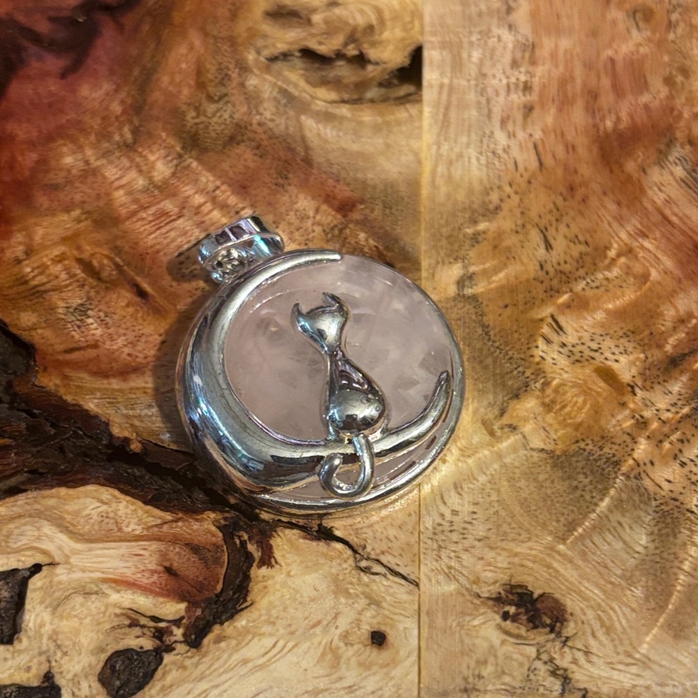 Silver Cat on Crescent Moon Pendant with Rose Quartz